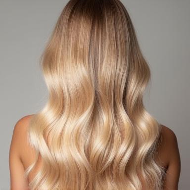 Beautiful blonde balayage hair coloring on long wavy hair